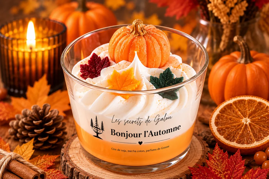 Bougie Bonjour l'Automne, garnie d'une citrouille et de feuilles d'érable, posée sur un rondin de bois